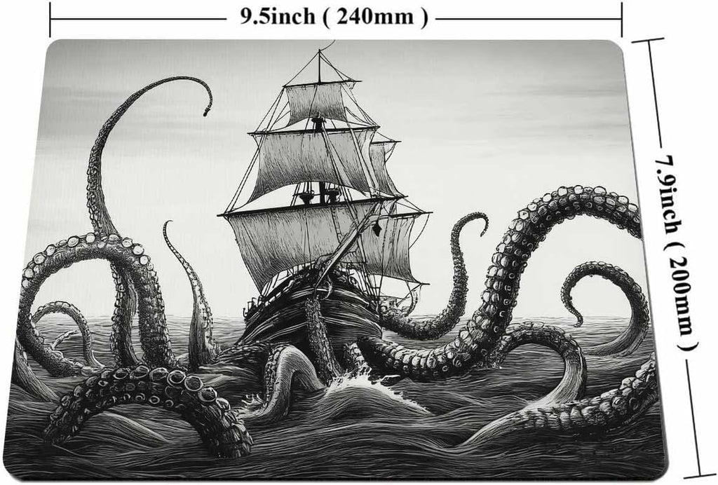 Smooffly Kraken Mouse Pad - Sail Boat Waves & Octopus - Non-Slip Rubber - Gaming Mouse Pad