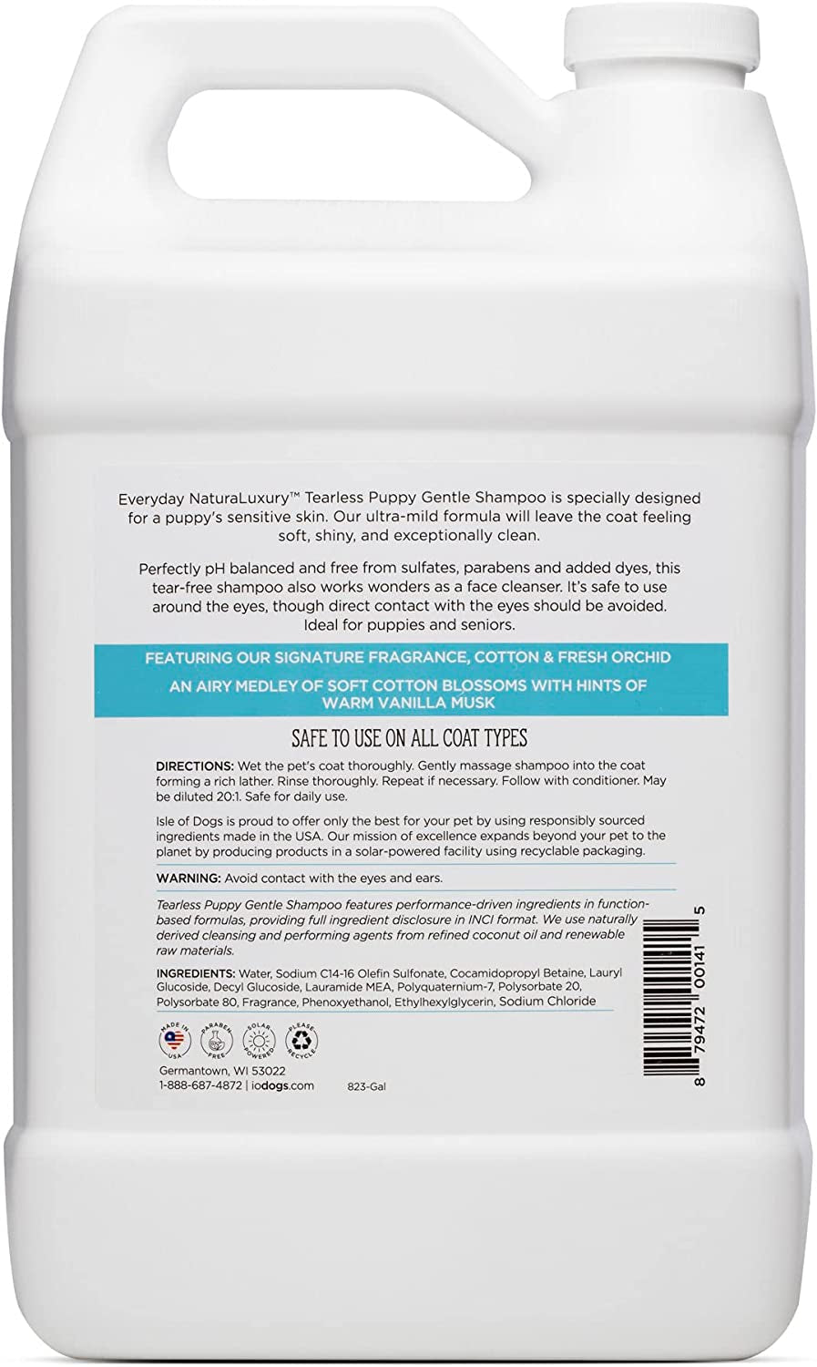 Isle of Dogs - Everyday Natural Luxury Tearless Puppy Shampoo - Cotton + Fresh Orchid - Sulfate & Paraben Free Formula - 1 Gal, (823-Gal)