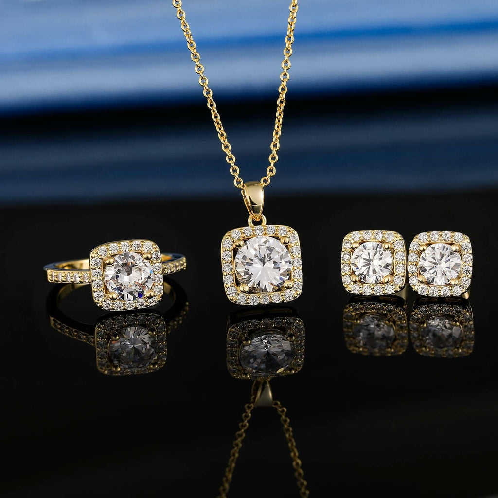 Gemsme Jewelry Set for Women, 18K Rose Gold Plated Halo Cubic Zirconia Necklace/Earrings/Rings Wedding Hypoallergenic Jewelry Three-In-One