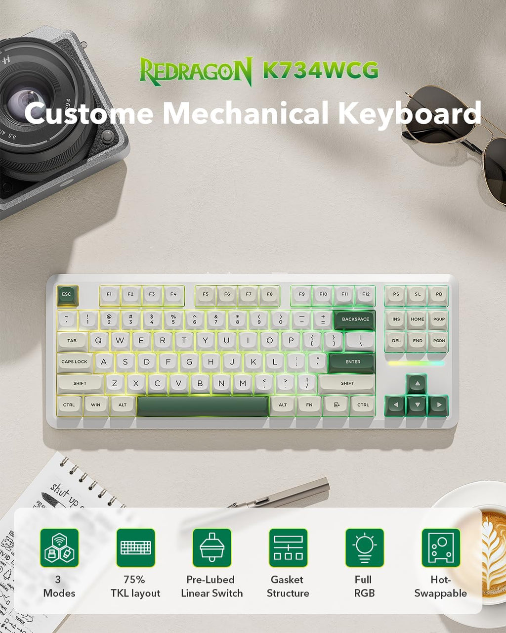 Redragon K734W Wireless Mechanical Keyboard, Tri Mode BT5.0/2.4G/USB-C 75% 81 Keys TKL Custom Hot Swappable Gaming Keyboard, Pre-Lubed Linear Switches,Rgb Gasket Computer Creamy Keyboard, for PC/MAC
