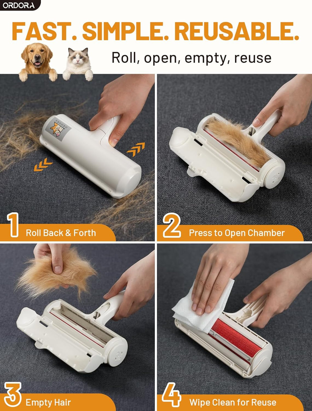 ORDORA Pet Hair Remover Roller, Reusable Lint Roller for Dog and Cat Hair | Portable Pet Hair Roller with Large Fur Bin for Couches, Bedding, Car, Rugs & Furniture, No Refills or Batteries, Pet Homes