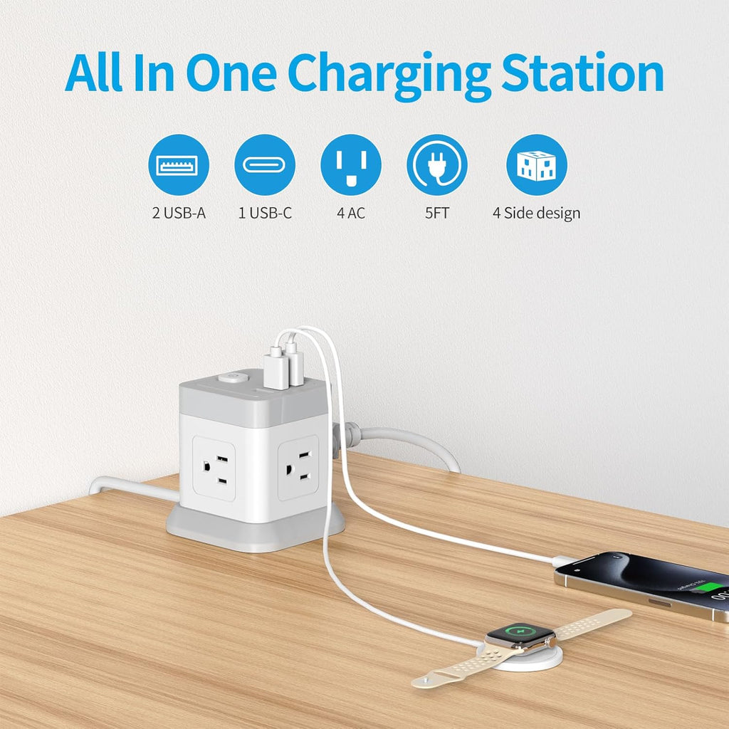 Power Bar with USB, FDTEK Flat Plug Extension Cord with 4 Outlets and 3 USB Ports, 5 FT Power Cord Desktop Charging Station, Overload Protection, Compact Portable for Travel Home Office Cruise Ship