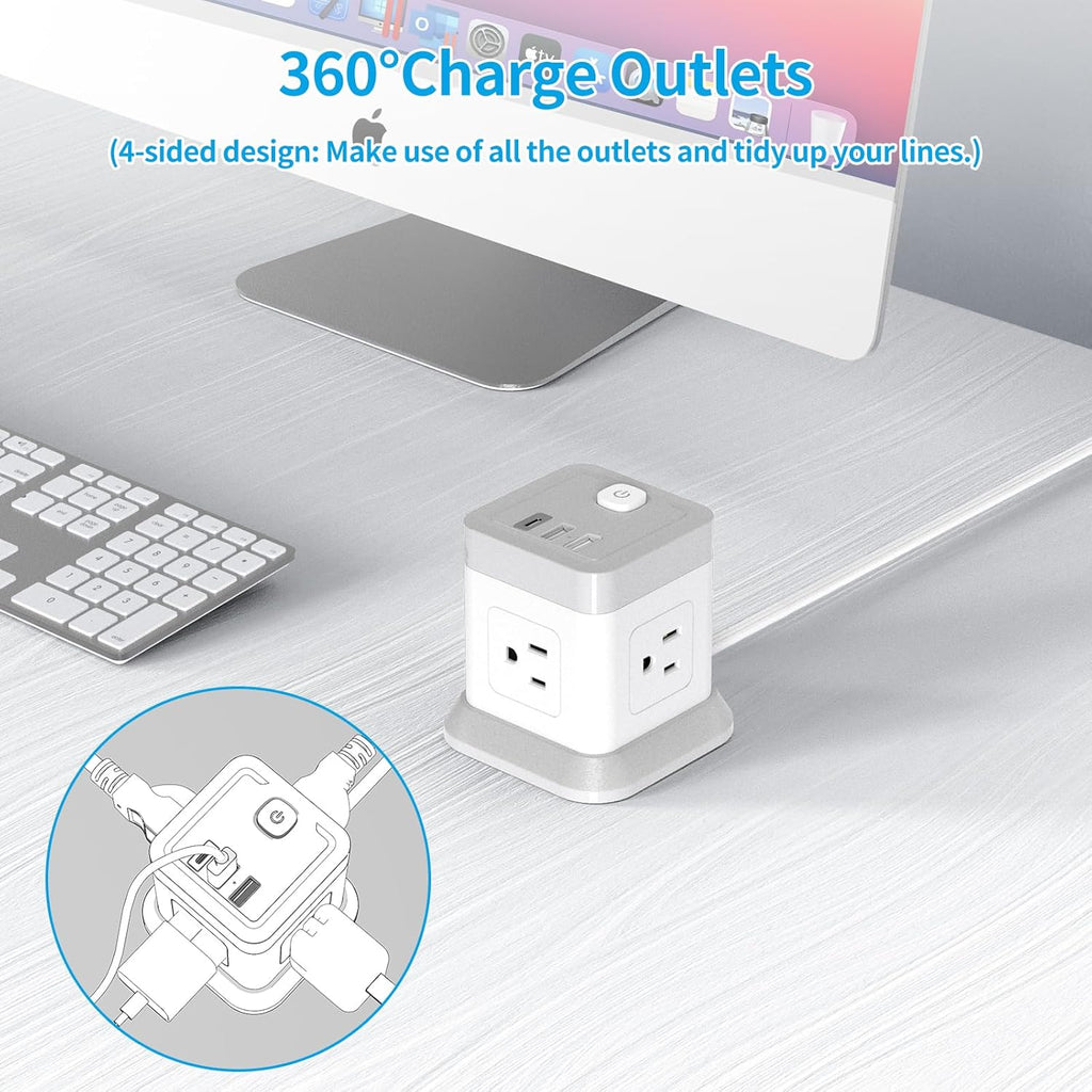 Power Bar with USB, FDTEK Flat Plug Extension Cord with 4 Outlets and 3 USB Ports, 5 FT Power Cord Desktop Charging Station, Overload Protection, Compact Portable for Travel Home Office Cruise Ship