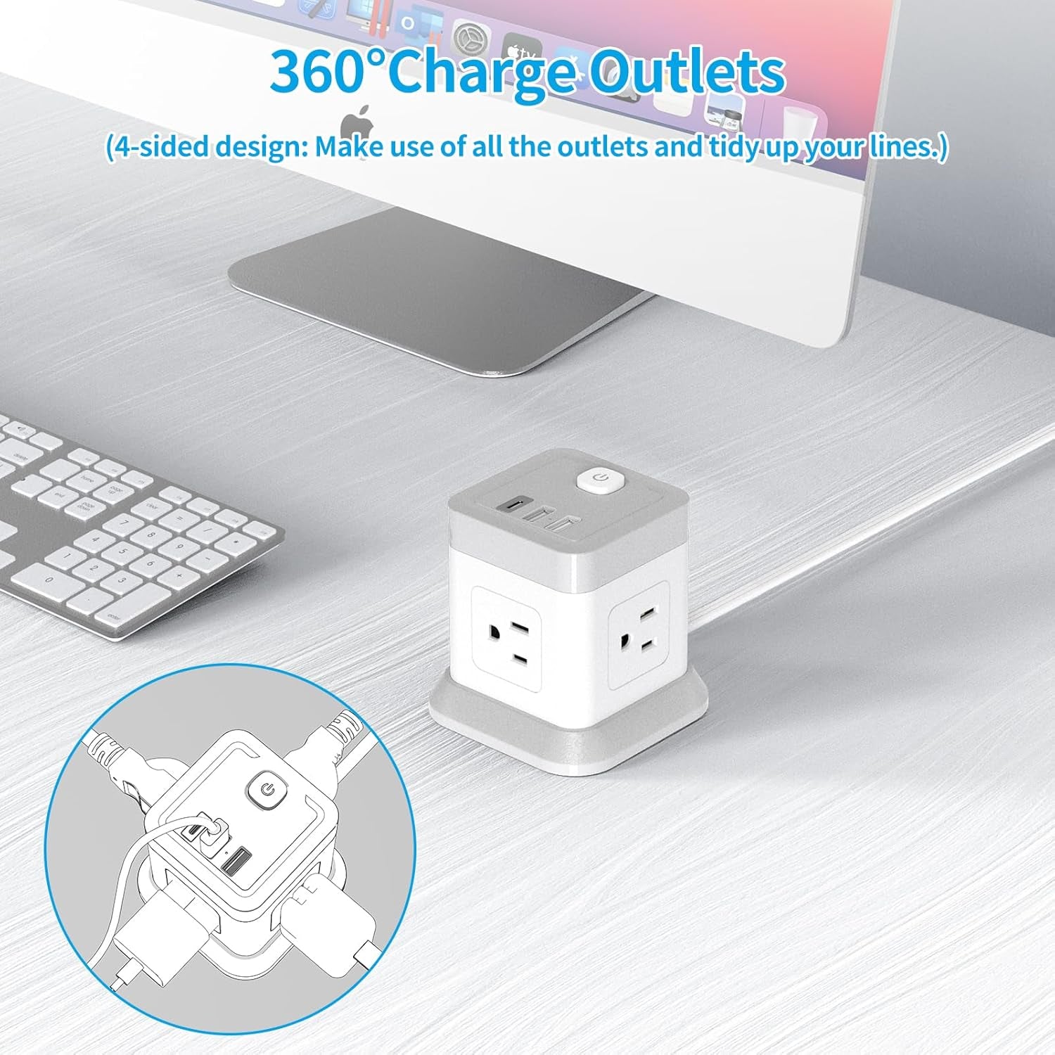 Power Bar with USB, FDTEK Flat Plug Extension Cord with 4 Outlets and 3 USB Ports, 5 FT Power Cord Desktop Charging Station, Overload Protection, Compact Portable for Travel Home Office Cruise Ship