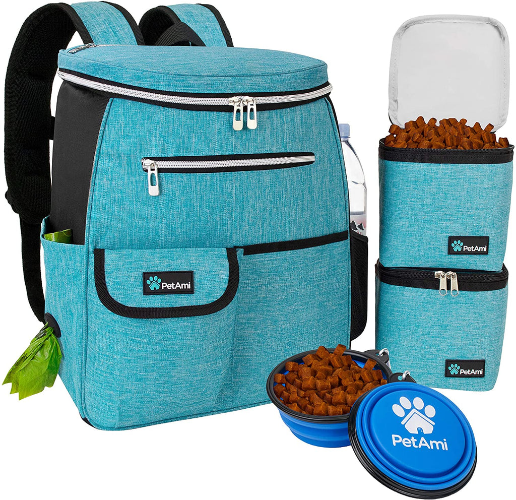 Petami Dog Travel Bag Backpack, 27L Airline Approved Pet Supplies Organizer with 2 Food Containers, 2 Collapsible Bowls & Poop Bag Dispenser, Weekend Road Trip Camping Dog Mom Gift, Teal Blue