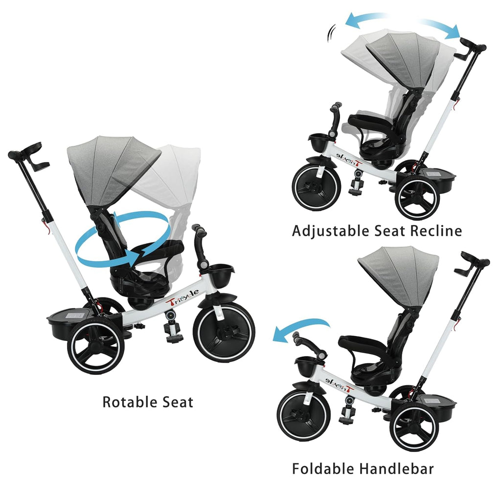 UBRAVOO Baby Tricycle,6-In-1 Baby Push Bike Steer Stroller,Learning Toddler Bike/Detachable Guardrail,Adjustable Canopy,Safety Harness,Folding Pedal,Storage Basket,Brake,Shock Absorption
