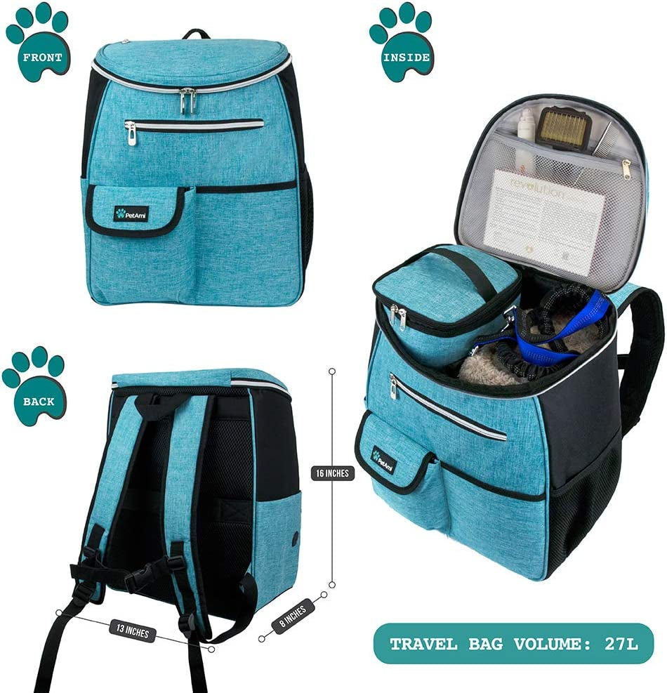 Petami Dog Travel Bag Backpack, 27L Airline Approved Pet Supplies Organizer with 2 Food Containers, 2 Collapsible Bowls & Poop Bag Dispenser, Weekend Road Trip Camping Dog Mom Gift, Teal Blue