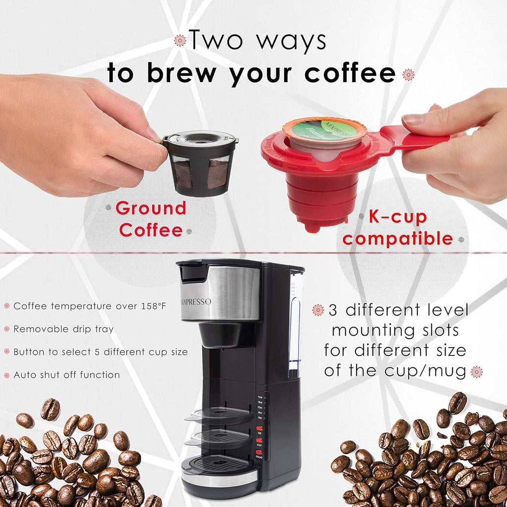 Mixpresso Black Single Serve Coffee Brewer K-Cup Pods Compatible & Ground, 30 Oz Compact Coffee Maker Single Serve with 5 Brew Sizes up to 14 Oz, Fits Travel Mug, Adjustable Drip Tray