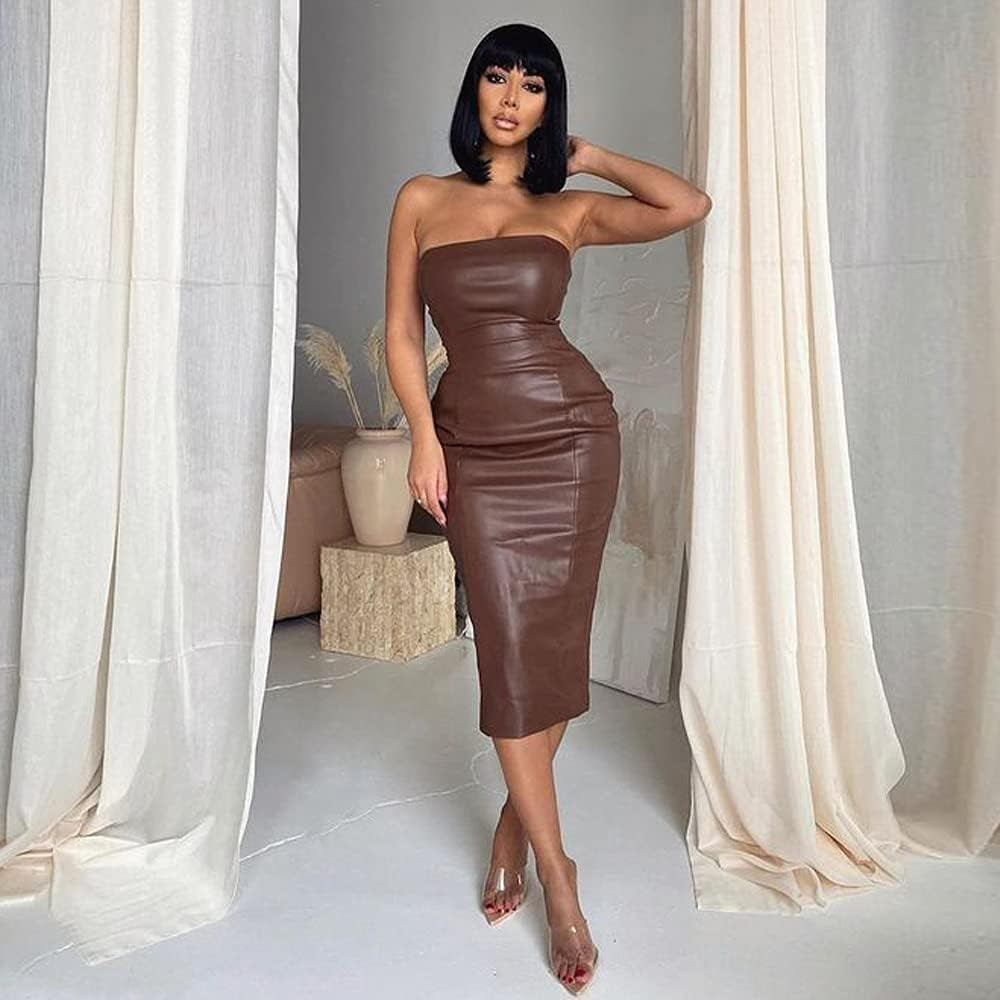 XLLAIS Women Sexy Strapless Tube Top Club Midi Dress off Shoulder Bodycon Party Faux Leather Dress