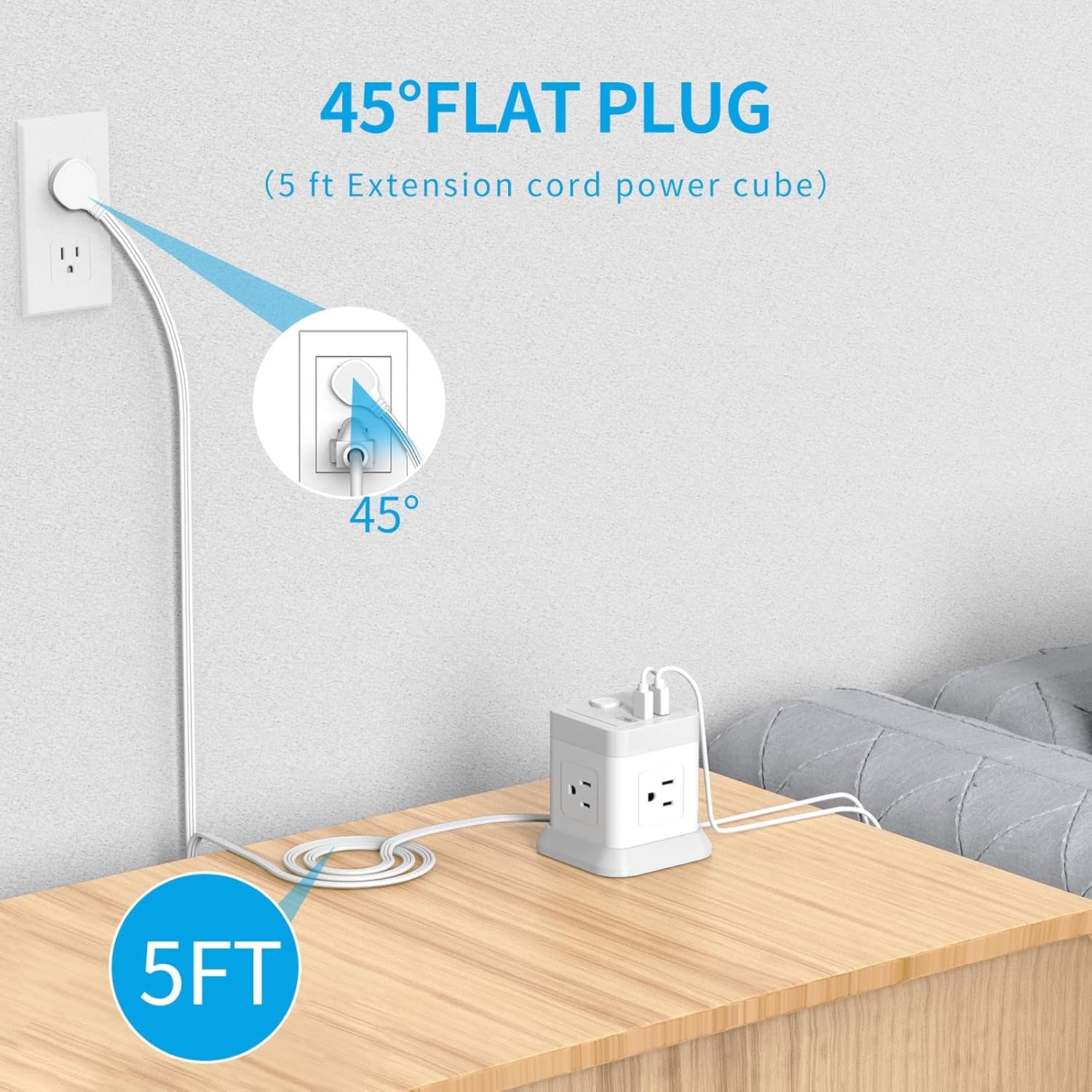 Power Bar with USB, FDTEK Flat Plug Extension Cord with 4 Outlets and 3 USB Ports, 5 FT Power Cord Desktop Charging Station, Overload Protection, Compact Portable for Travel Home Office Cruise Ship