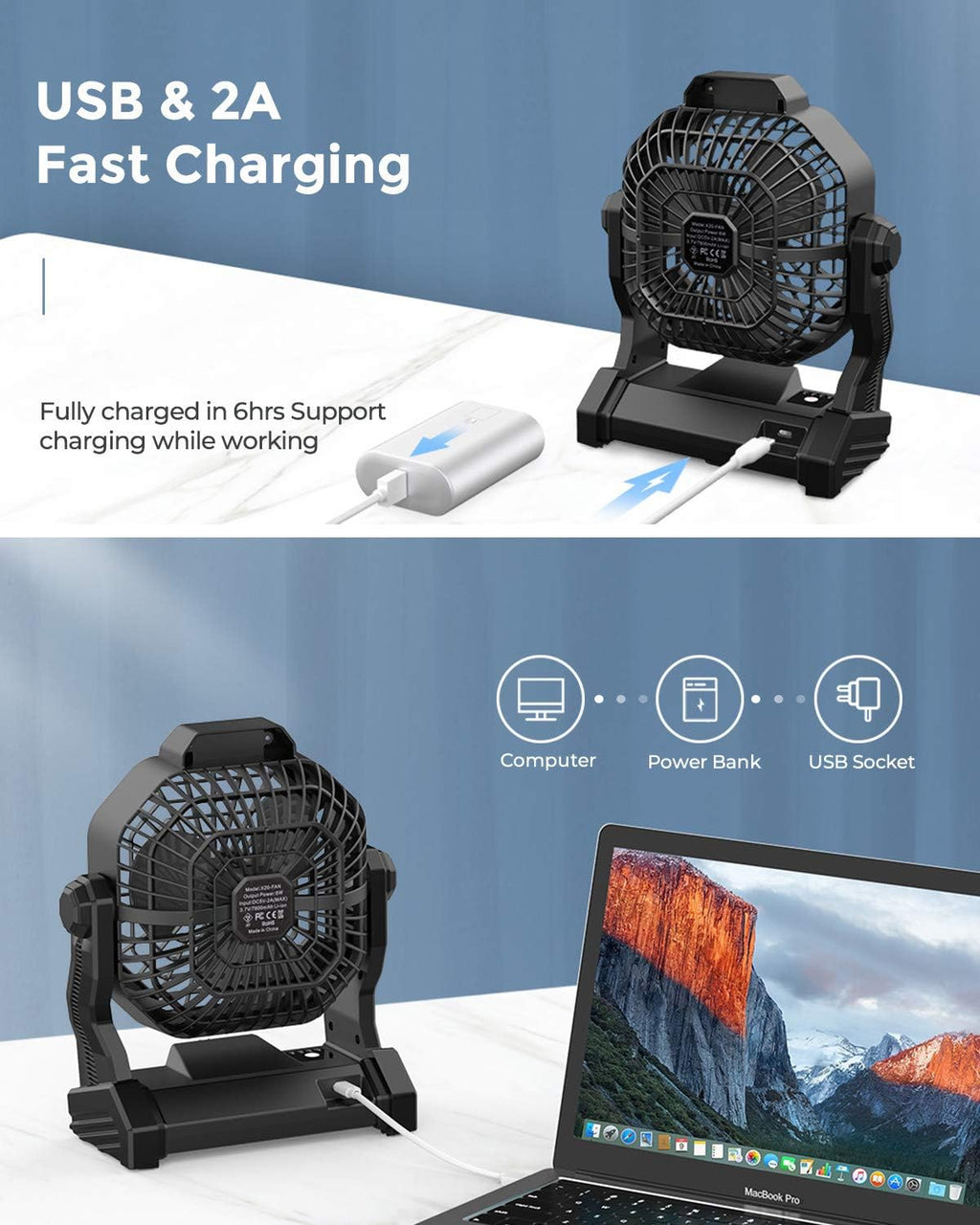 JINLICTE Portable Camping Fan, Rechargeable Battery Powered Tent Fans for Camp Hanging, [8-36Hrs Runtime], 9 Inch, Stepless Speed, Powerful&Quiet, for Picnic, Barbecue, Fishing, Travel, Home, Tent