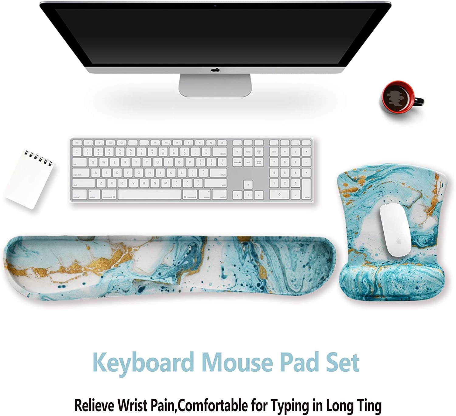 Artso Keyboard Wrist Rest and Mouse Pad with Wrist Support, Ergonomic Mouse Pad, Durable Comfortable Lightweight for Easy Typing Pain Relief, Memory Foam Keyboard Mousepad Set, Teal Turqoise Marble