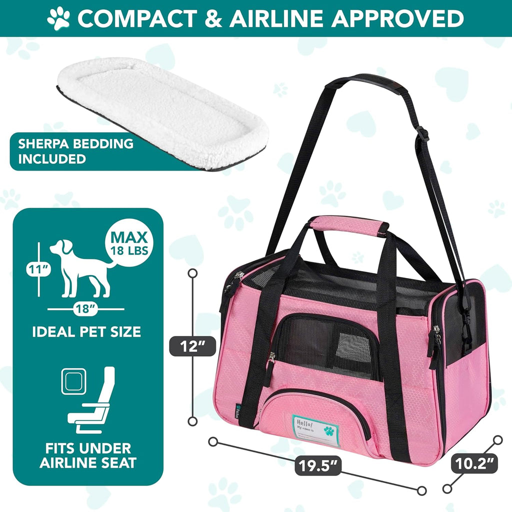 Petami Airline Approved Pet Carrier for Cats & Small Dogs, Soft Sided TSA Travel Carrier Bag with Sherpa Bed, Breathable Mesh Ventilation, Collapsible Bowl, Fits under Seat, up to 18 Lbs, Large Pink