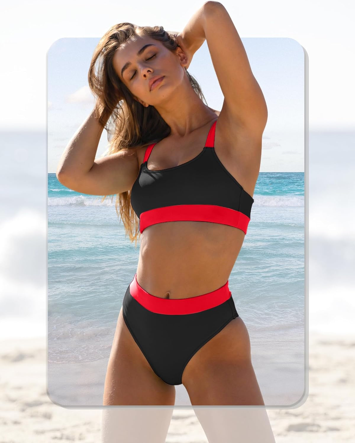 ZINPRETTY Women High Waisted Bikini Sets Color Block Swimsuits 2 Piece Bathing Suits Tummy Control Sporty Teens