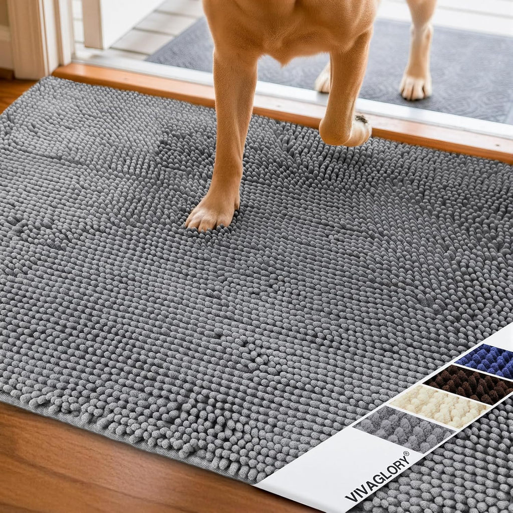 VIVAGLORY Dog Door Mat Absorpmax Dog Mat for Muddy Paw, 35 × 25", Grey | Mud Rug with Non Slip Backing for Indoor & Outdoor, Washable Soft Chenille anti Mud Waterproof