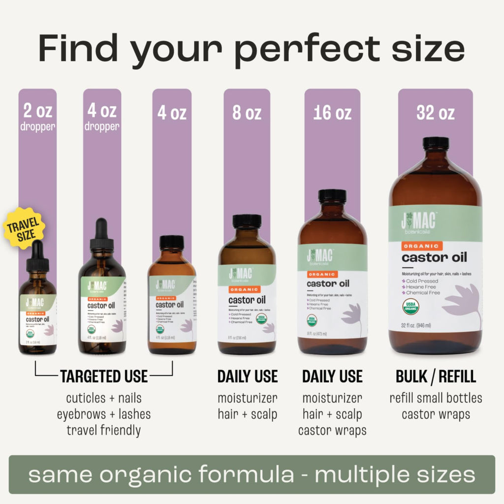 J MAC BOTANICALS Organic Castor Oil Cold Pressed in Amber Glass Bottle (16 Oz) USDA Certified, Hexane Free - Moisturizing Oil for Hair, Skin, Face, Eyelashes, Brows, Nails, and Castor Wraps