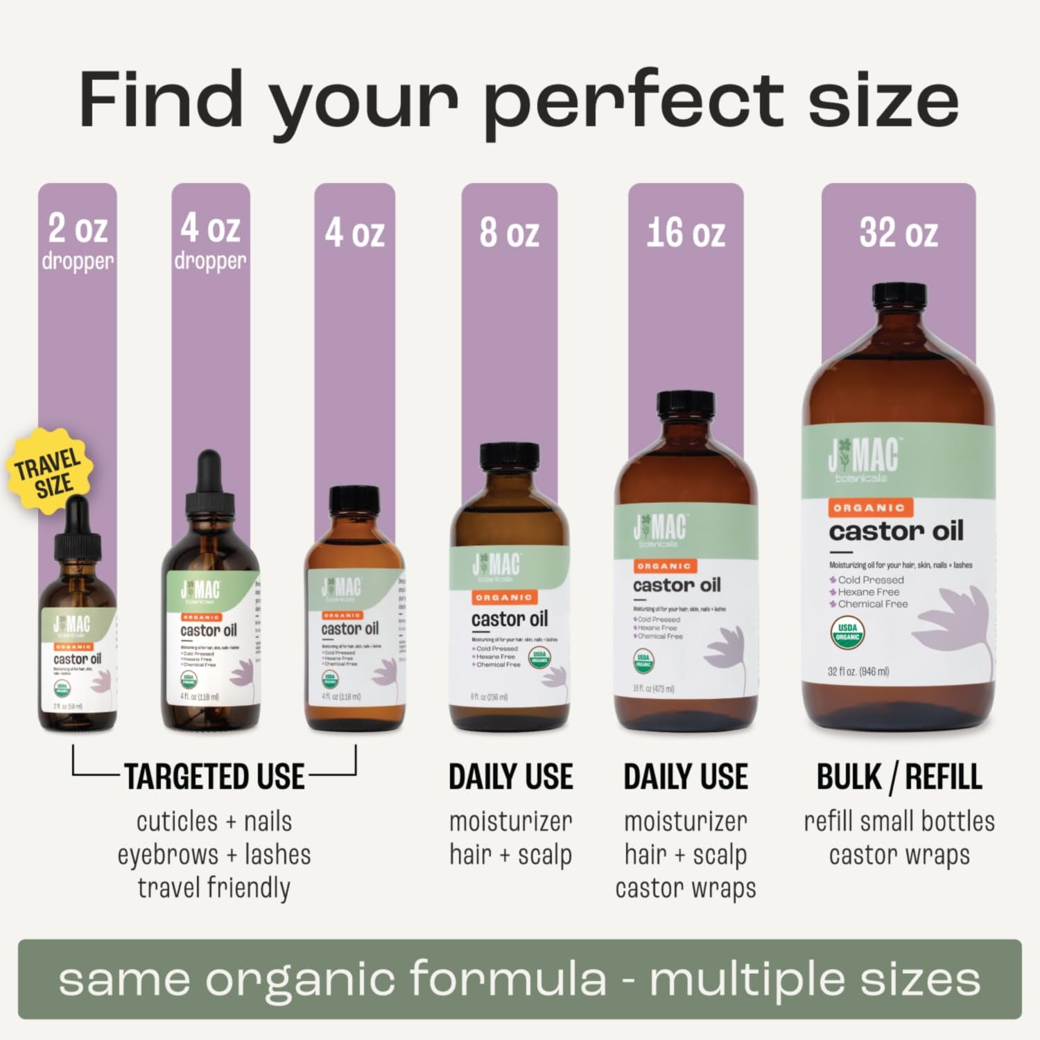 J MAC BOTANICALS Organic Castor Oil Cold Pressed in Amber Glass Bottle (16 Oz) USDA Certified, Hexane Free - Moisturizing Oil for Hair, Skin, Face, Eyelashes, Brows, Nails, and Castor Wraps