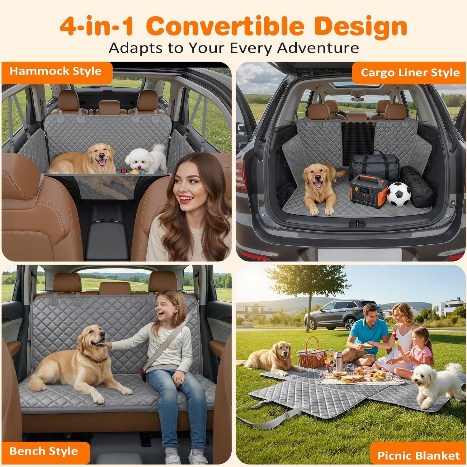 URPOWER 4 in 1 Dog Car Seat Cover for Back Seat, Waterproof Hammock | Mesh Window, Side Flaps, 600D Oxford, Scratch Resistant, Non-Slip, Easy Install, Machine Washable, Dog Seat Belt Included
