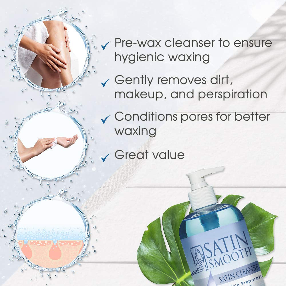 SATIN SMOOTH Pre Wax Cleanser - Antiseptic Formula for Pre Wax Hair Removal Skin Prep, Deep Cleansing & Irritation-Free Waxing, Afterwax Care, 16 Oz