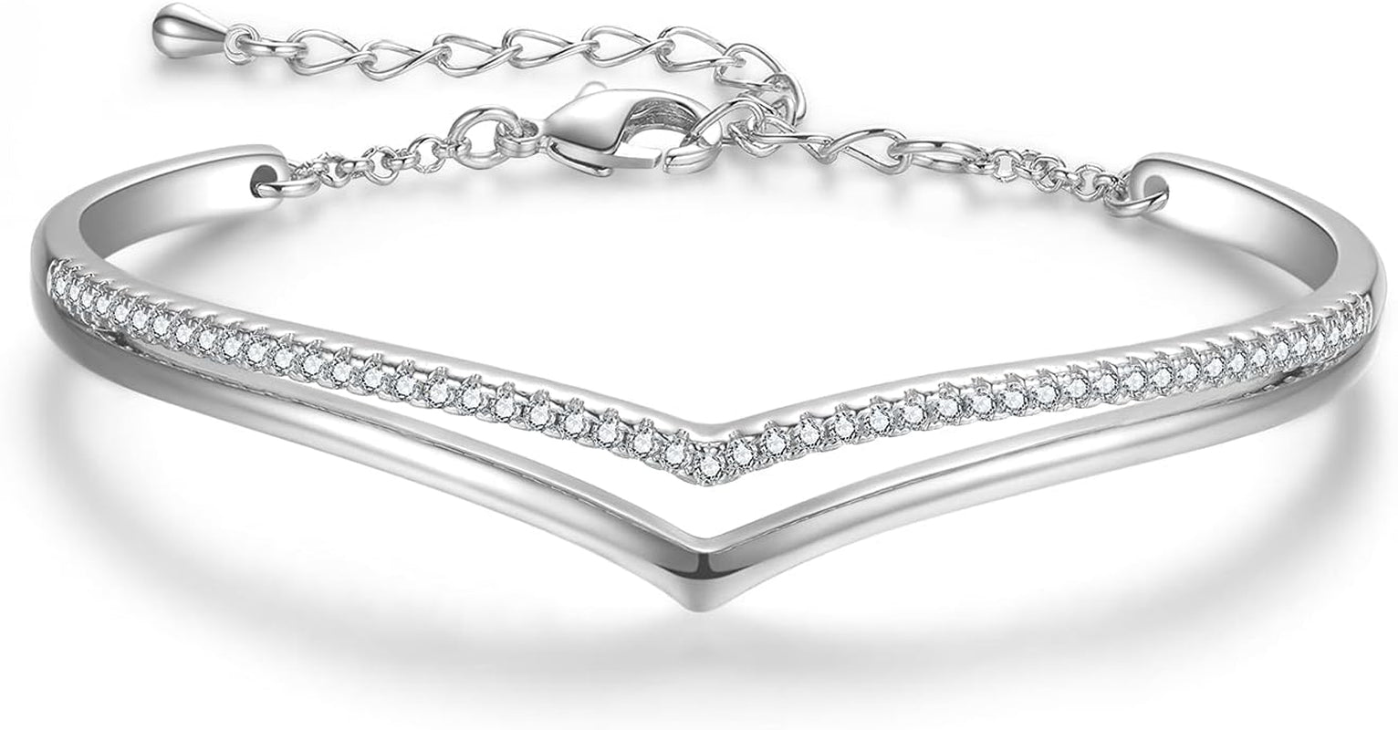 Praelinos Minimalistic Bracelets for Women White/Rose Gold Plated Charm Silver Tone Bracelet 5A Cubic Zirconia Jewelry Christmas Birthday Valentine Mother'S Day Gifts for Mom Women Wife Her