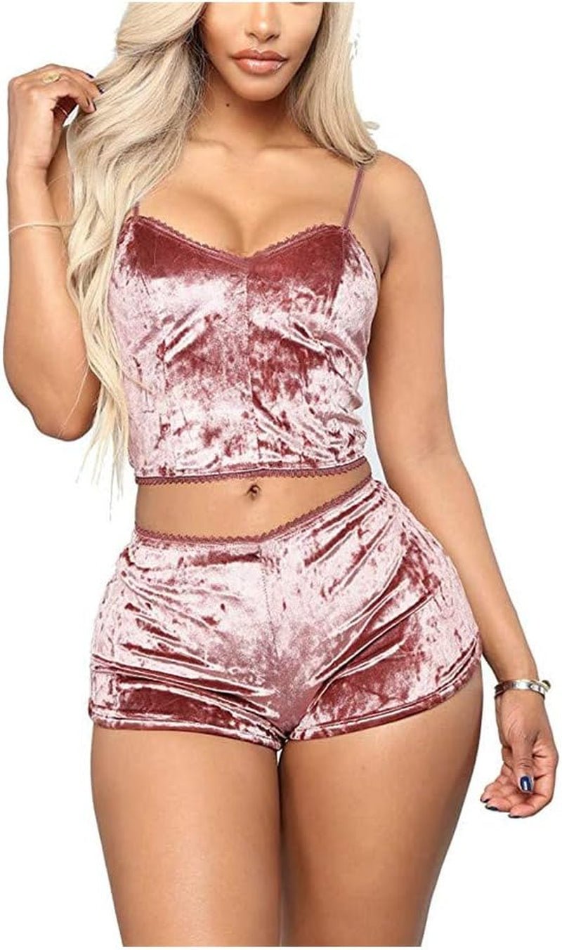 AWIBMK Women'S Velvet 2 Piece Outfit Spaghetti Strap Sleeveless Crop Top Camisole and Shorts Pajamas Set Sleepwear Nightwear