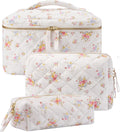 Popvibe Floral Quilted Makeup Bag Set of 3 Piece, Cute Travel Makeup Bags Coquette White Flower Cosmetic Pouch, Aesthetic Cotton Quilt Cloth Toiletry Traveling Bag for Women, Girls