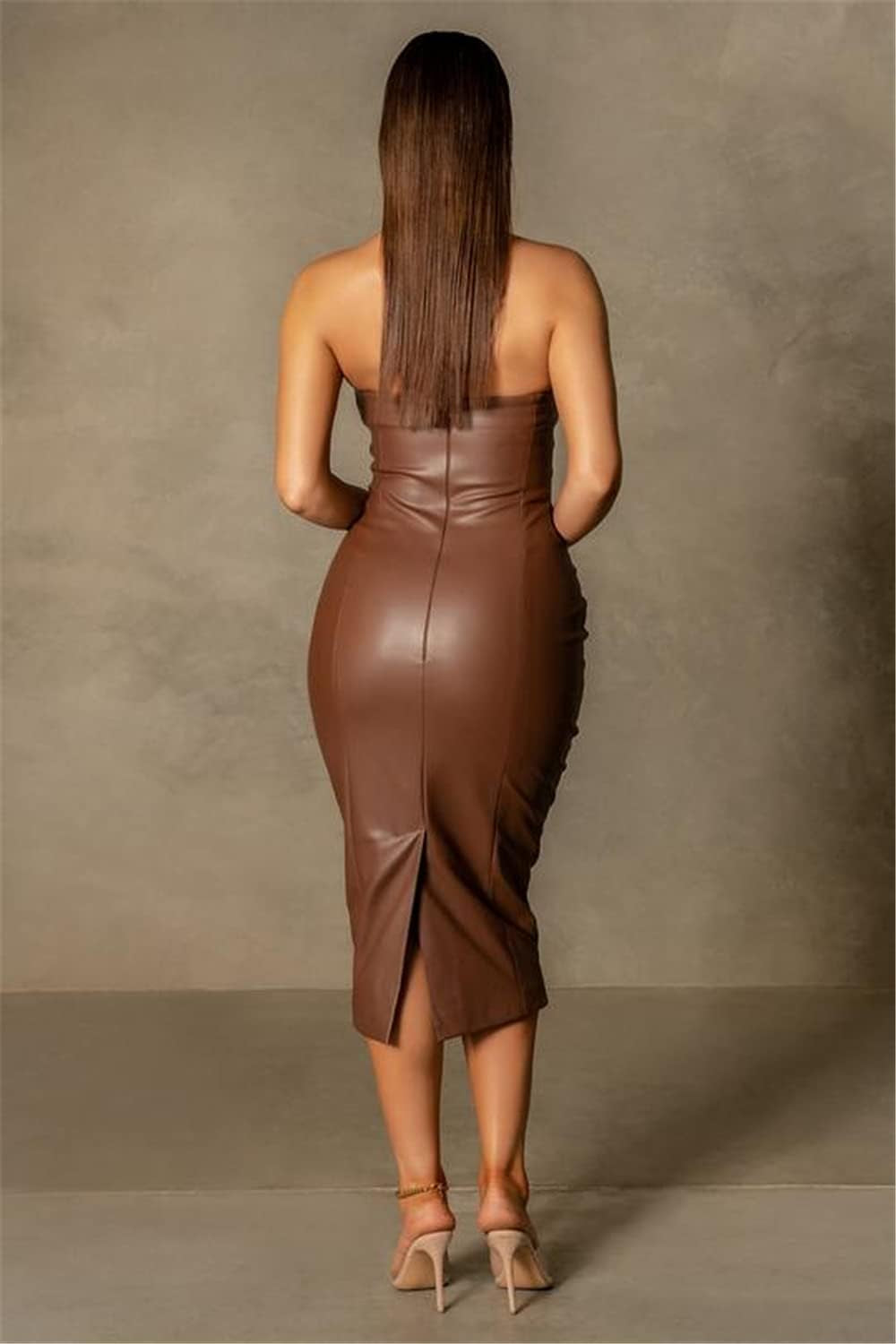 XLLAIS Women Sexy Strapless Tube Top Club Midi Dress off Shoulder Bodycon Party Faux Leather Dress