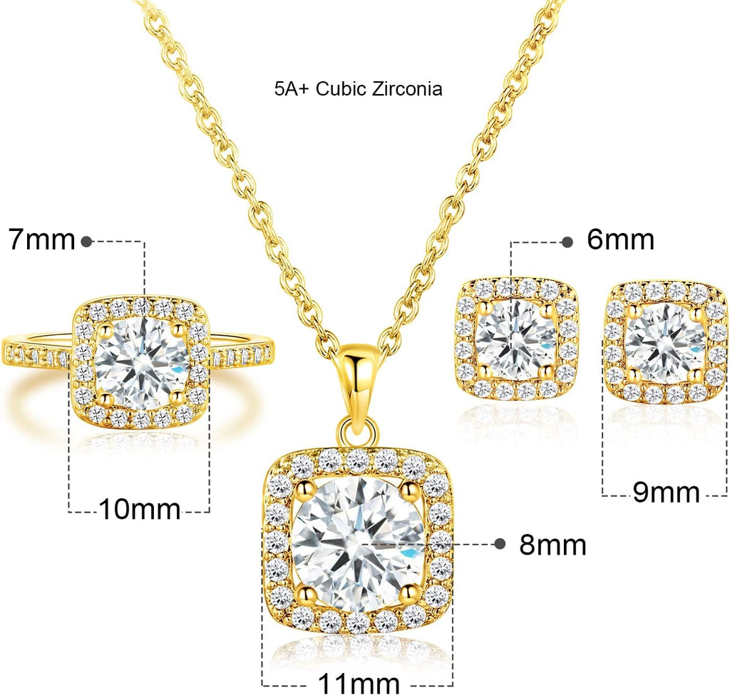 Gemsme Jewelry Set for Women, 18K Rose Gold Plated Halo Cubic Zirconia Necklace/Earrings/Rings Wedding Hypoallergenic Jewelry Three-In-One