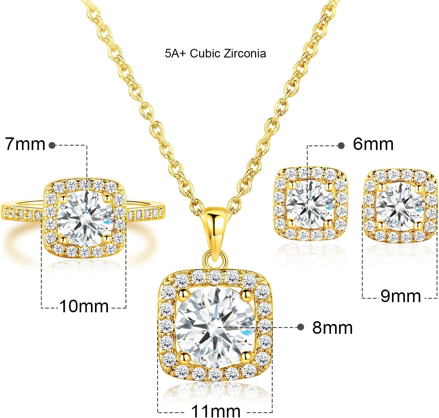 Gemsme Jewelry Set for Women, 18K Rose Gold Plated Halo Cubic Zirconia Necklace/Earrings/Rings Wedding Hypoallergenic Jewelry Three-In-One