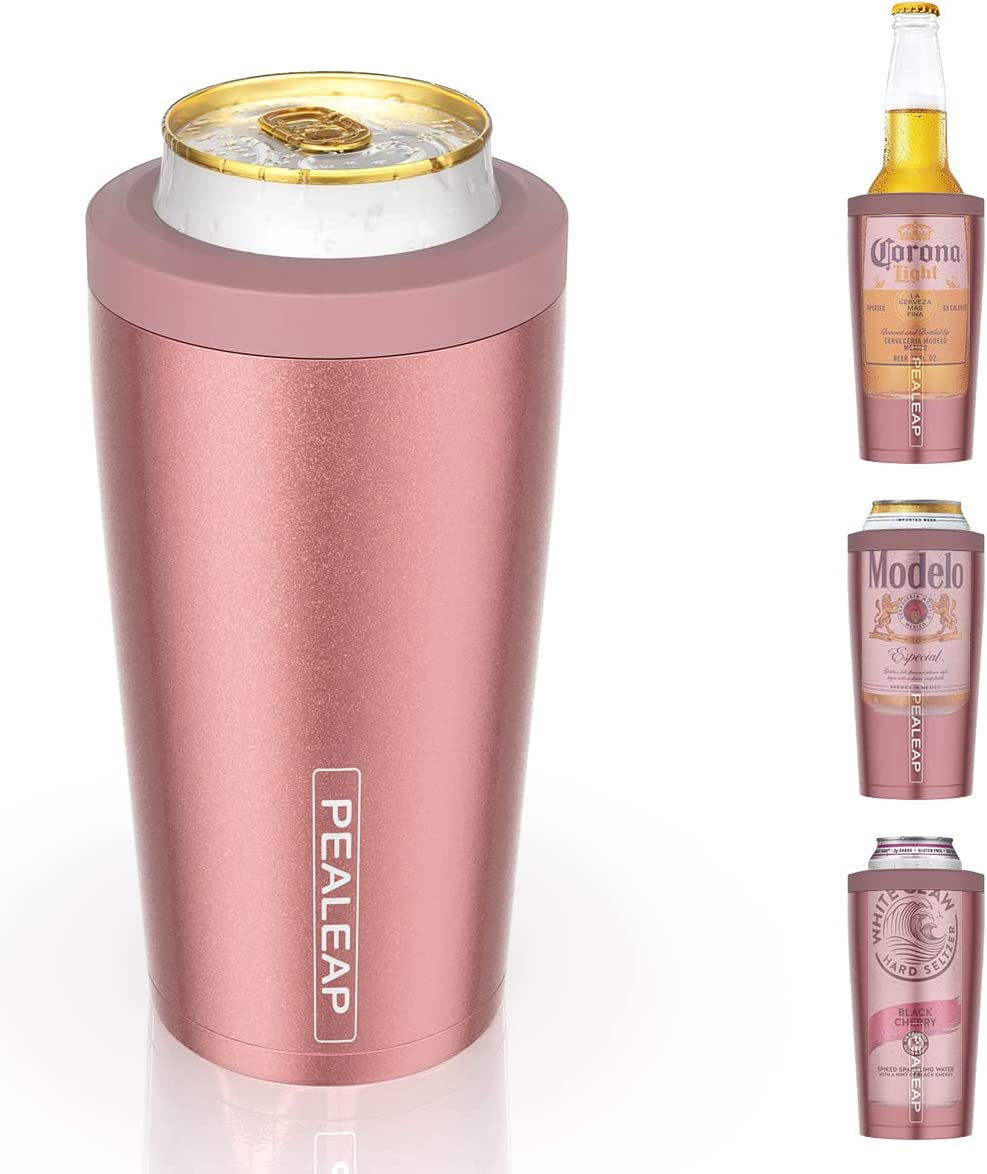 Pealeap 4-In-1 Insulated Slim Can Cooler for All 12Oz Cans & Beer Bottles | Double-Walled Stainless Steel Vacuum Can Cozy | Keep 8Hrs Cold | Universal Fits 12Oz Drinks | No Sweat | Cup Holder Friendly
