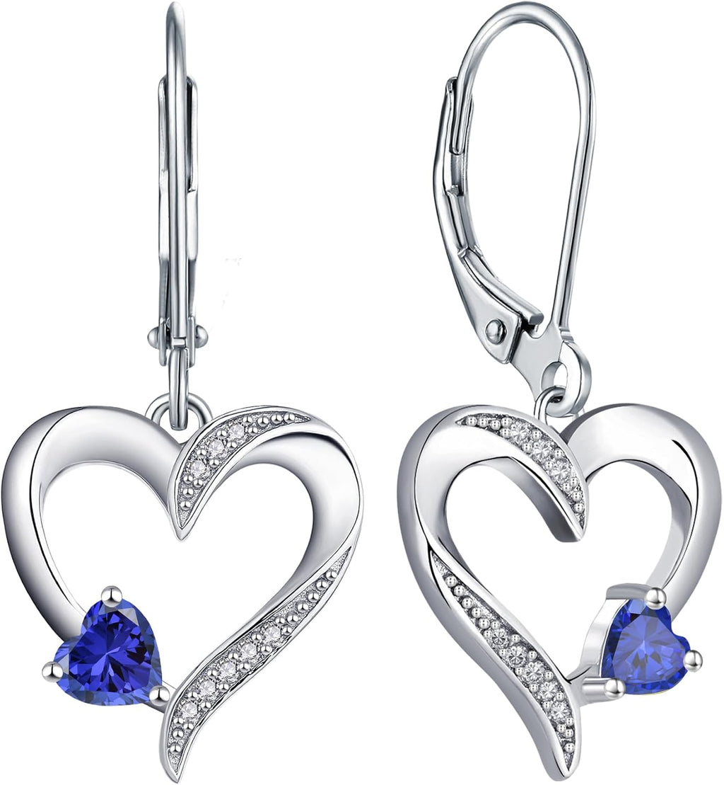 YL Heart Dangle Earrings 925 Sterling Silver Drop Earrings Birthstone Leverback Jewelry for Women