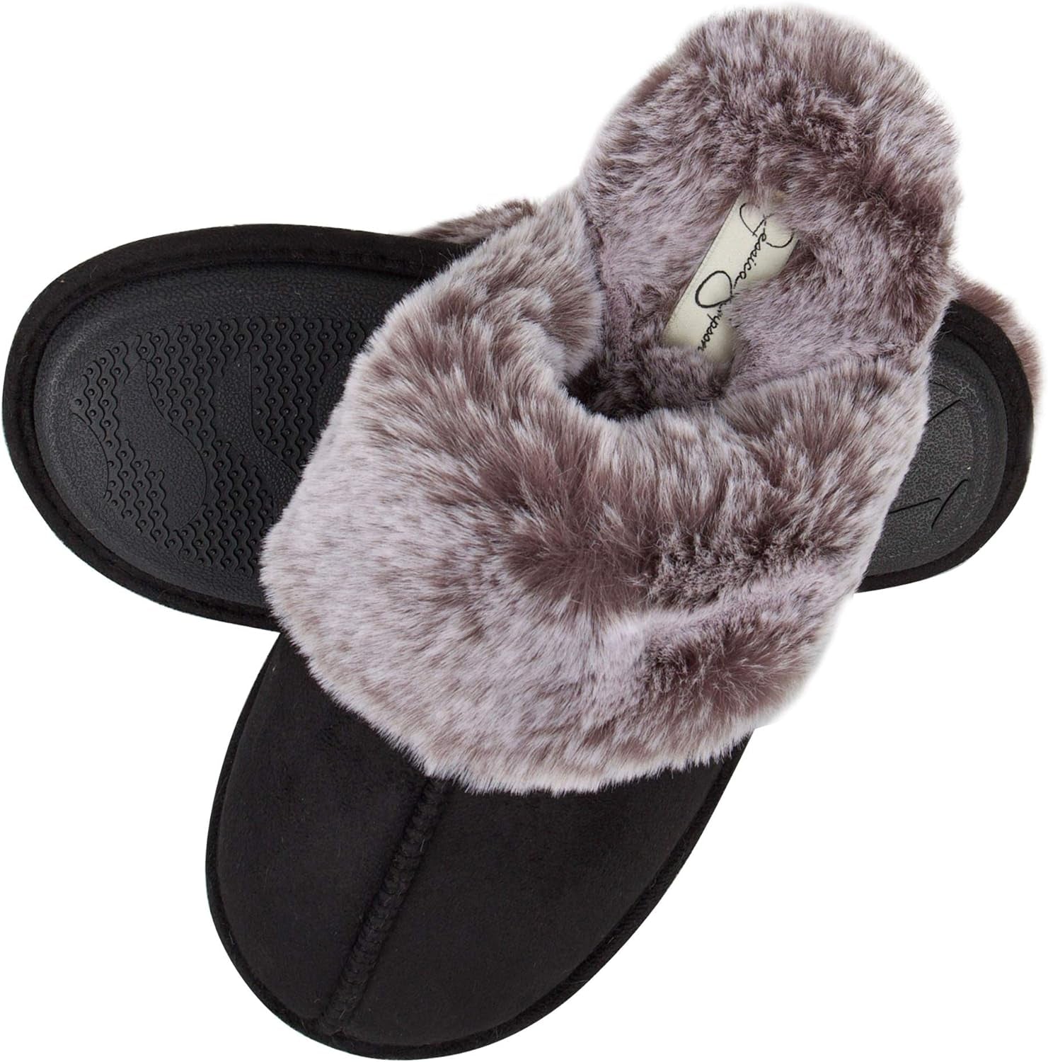Jessica Simpson Womens Comfy Faux Fur House Slipper Scuff Memory Foam Slip on Anti-Skid Soleslipper