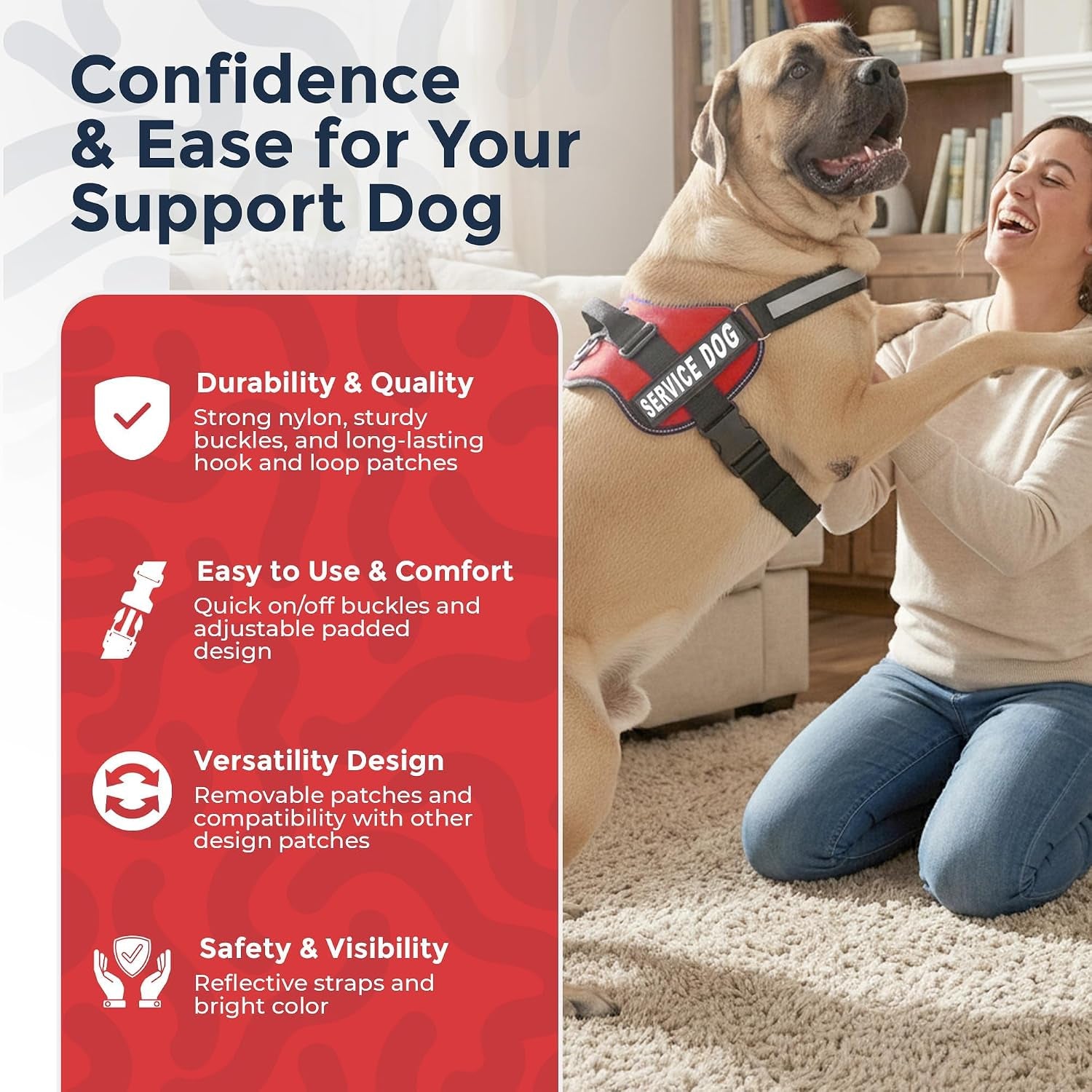 Industrial Puppy Service Dog Vest Harness - Durable & Adjustable Vest for Dog with Reflective Straps, Removable Patches, 50 ADA Cards, Handle & D-Ring, Travel and Daily Use, (Bright Red, XL 30"-39")