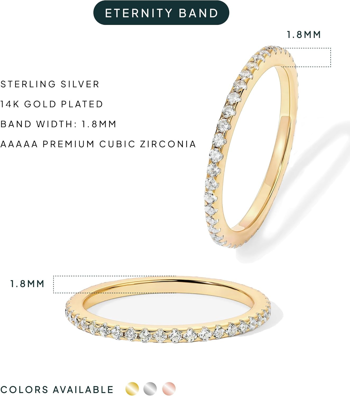 PAVOI Gold Plated Solid 925 Sterling Silver CZ Simulated Diamond Stackable Ring Eternity Bands for Women