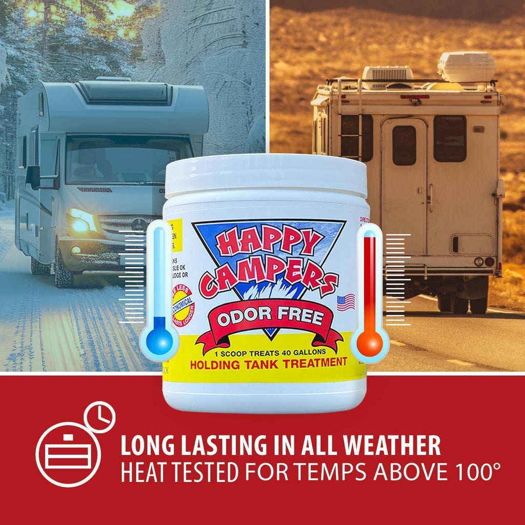 Happy Campers RV Toilet Treatment & Holding Tank Treatment - Controls Odors, Helps Prevent Clogs, Buildup & Sensor Issues in RV Black & Gray Tanks – Supports Reliable Dumping (18 Treatments)