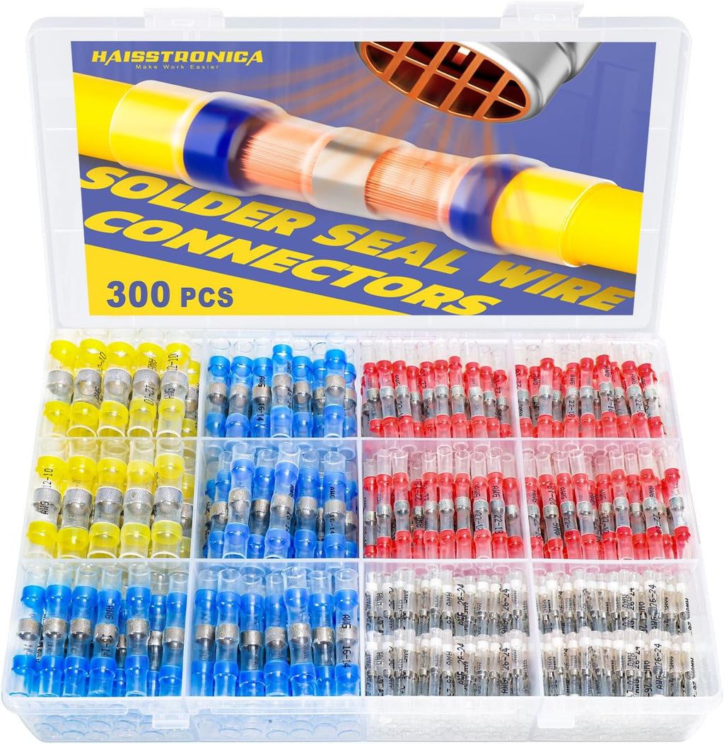 300PCS Solder Seal Wire Connectors-Haisstronica Marine Grade Heat Shrink Wire Connectors-Heat Shrink Butt Connectors for Marine,Stereo(30Yellow 70White 100Red 100Blue) Solder Sleeve