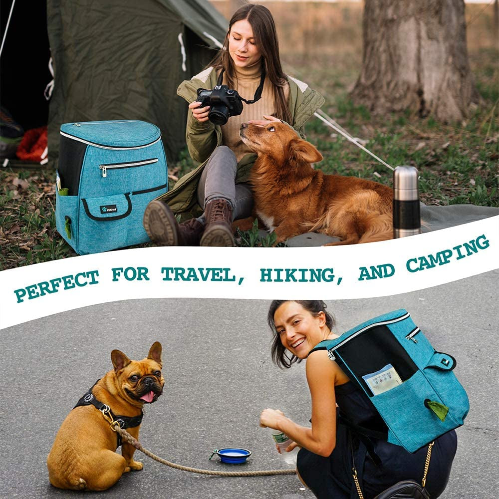 Petami Dog Travel Bag Backpack, 27L Airline Approved Pet Supplies Organizer with 2 Food Containers, 2 Collapsible Bowls & Poop Bag Dispenser, Weekend Road Trip Camping Dog Mom Gift, Teal Blue