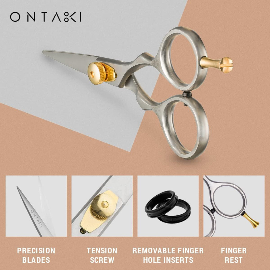 Ontaki Beard & Mustache Scissors for Men - 5.5" Japanese Steel, Silver - Precision Sharp Blades, Ergonomic Finger Rest & Adjustable Tension Screw for Perfect Trimming - Beard Grooming Scissors