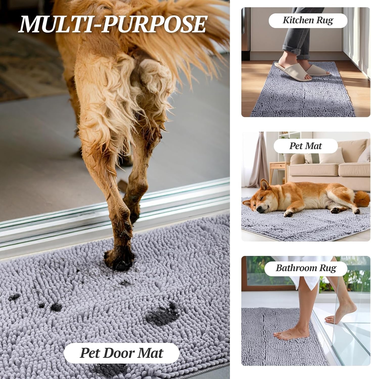 VIVAGLORY Dog Door Mat Absorpmax Dog Mat for Muddy Paw, 35 × 25", Grey | Mud Rug with Non Slip Backing for Indoor & Outdoor, Washable Soft Chenille anti Mud Waterproof