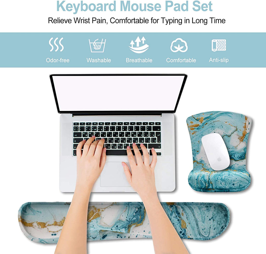 Artso Keyboard Wrist Rest and Mouse Pad with Wrist Support, Ergonomic Mouse Pad, Durable Comfortable Lightweight for Easy Typing Pain Relief, Memory Foam Keyboard Mousepad Set, Teal Turqoise Marble