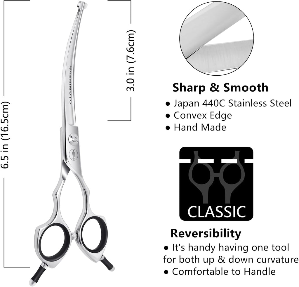 HASHIMOTO Curved Dog Grooming Scissors with Safety round Tips, 6.5 Inch. | Lightweight, No Stabbing with Blunt Tip, 440C Stainless Steel, Sharp, Friendly to Amateur.