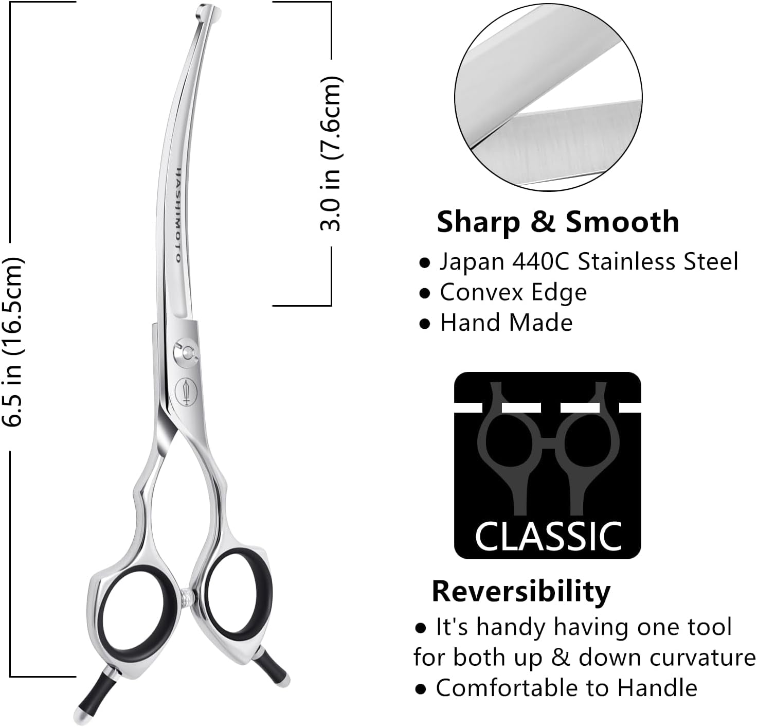 HASHIMOTO Curved Dog Grooming Scissors with Safety round Tips, 6.5 Inch. | Lightweight, No Stabbing with Blunt Tip, 440C Stainless Steel, Sharp, Friendly to Amateur.