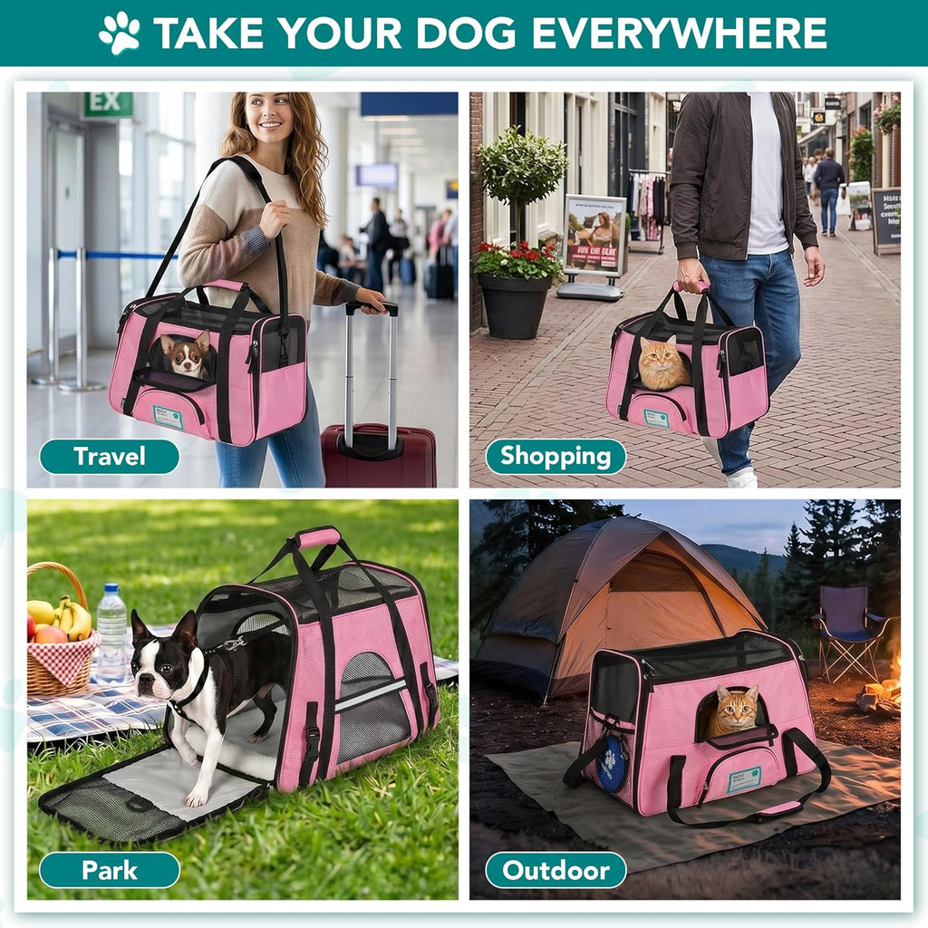 Petami Airline Approved Pet Carrier for Cats & Small Dogs, Soft Sided TSA Travel Carrier Bag with Sherpa Bed, Breathable Mesh Ventilation, Collapsible Bowl, Fits under Seat, up to 18 Lbs, Large Pink