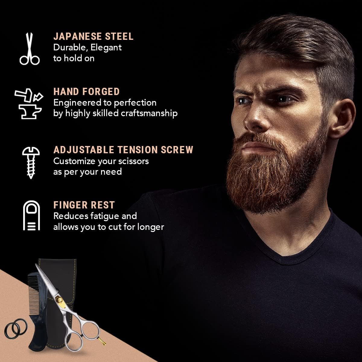 Ontaki Beard & Mustache Scissors for Men - 5.5" Japanese Steel, Silver - Precision Sharp Blades, Ergonomic Finger Rest & Adjustable Tension Screw for Perfect Trimming - Beard Grooming Scissors