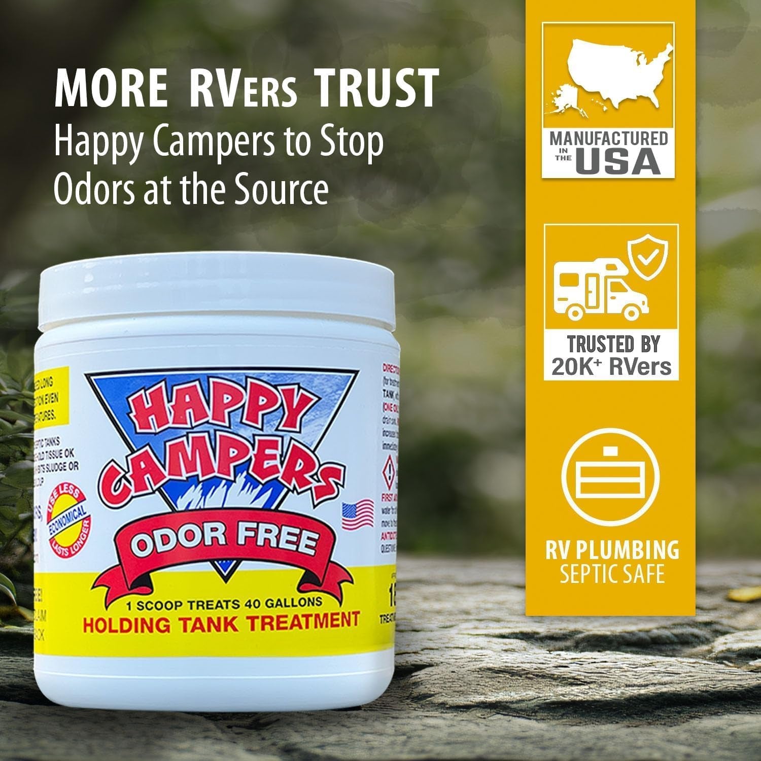 Happy Campers RV Toilet Treatment & Holding Tank Treatment - Controls Odors, Helps Prevent Clogs, Buildup & Sensor Issues in RV Black & Gray Tanks – Supports Reliable Dumping (18 Treatments)