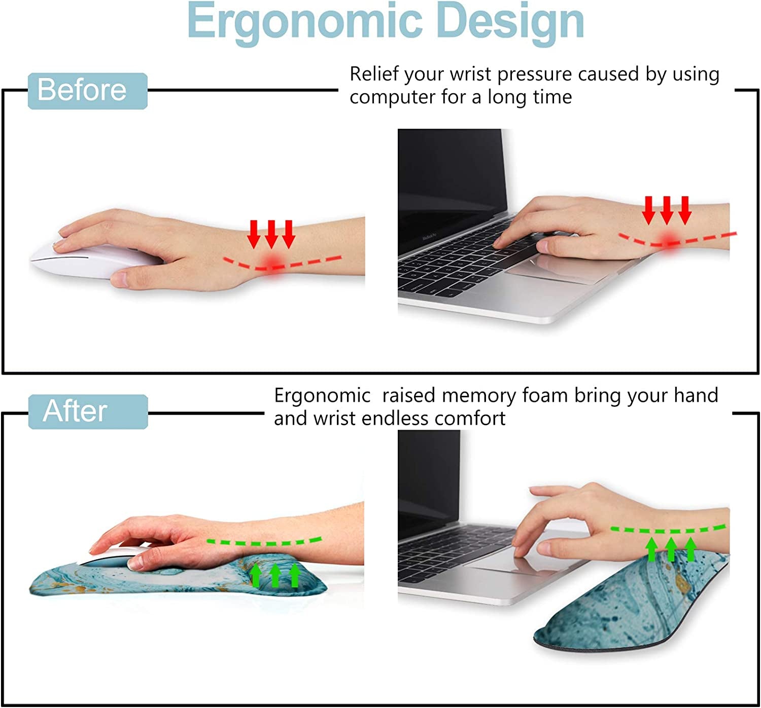 Artso Keyboard Wrist Rest and Mouse Pad with Wrist Support, Ergonomic Mouse Pad, Durable Comfortable Lightweight for Easy Typing Pain Relief, Memory Foam Keyboard Mousepad Set, Teal Turqoise Marble