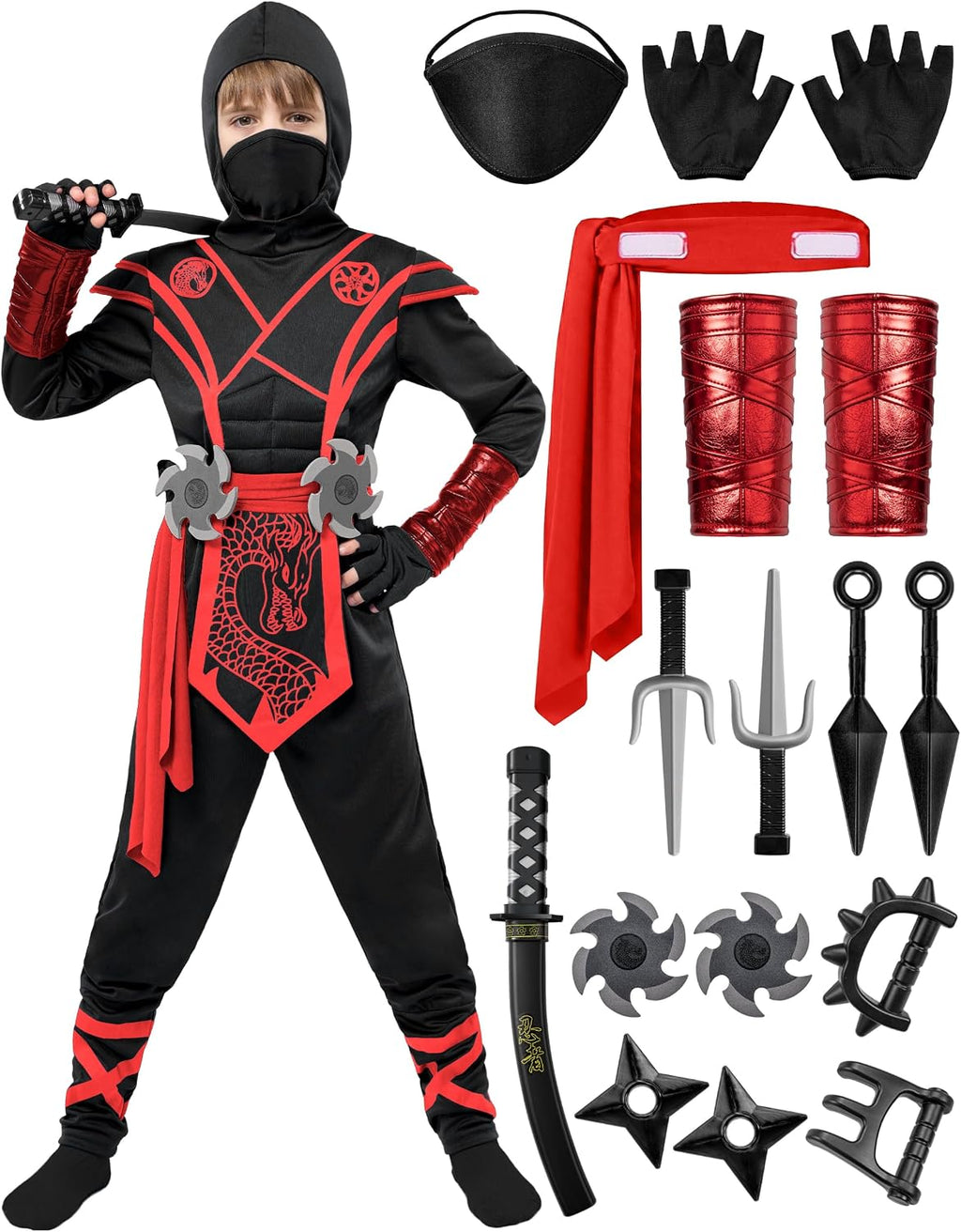Spooktacular Creations Halloween Ninja Costume Kids, Ninja Dragon Jumpsuit Set, Boys Halloween Costume for Dressup Party