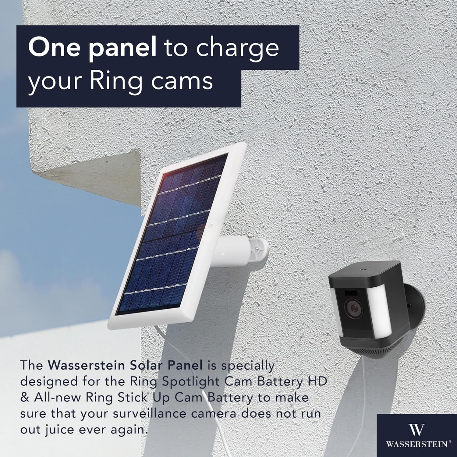 Wasserstein Solar Panel Compatible with Ring Spotlight Cam/Plus/Pro Battery, Stick up Cam/Pro & Outdoor Cam plus Battery - Continuous Power for Ring Surveillance Camera (1-Pack, White)