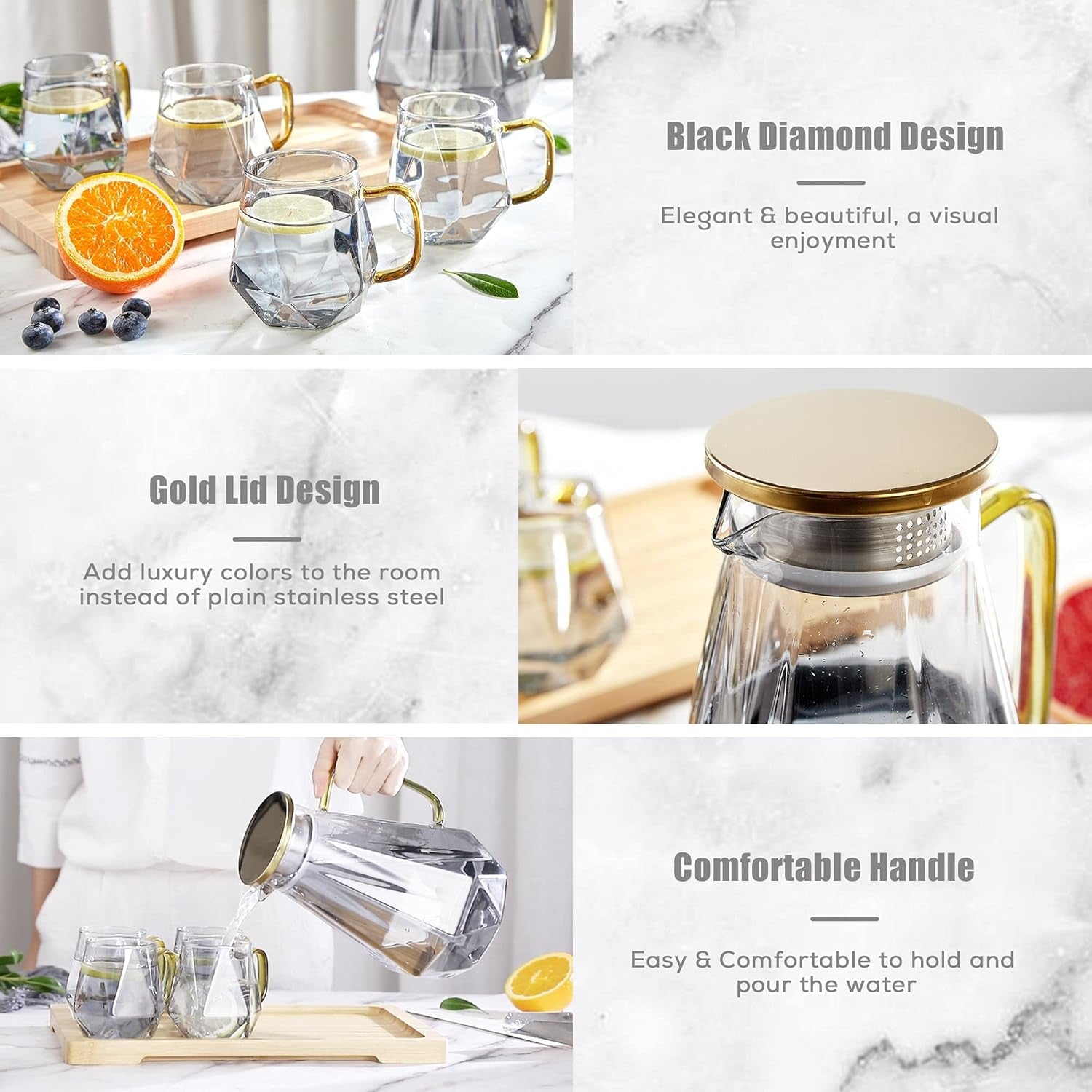 DUJUST Black Diamond Glass Pitcher with Lid [68 Oz], Elegant Design Water Pitcher with Handle, Decoration for Room, High Durability Water Glass Carafe for Ice Tea Maker, Beverage, Hot/Cold Coffee