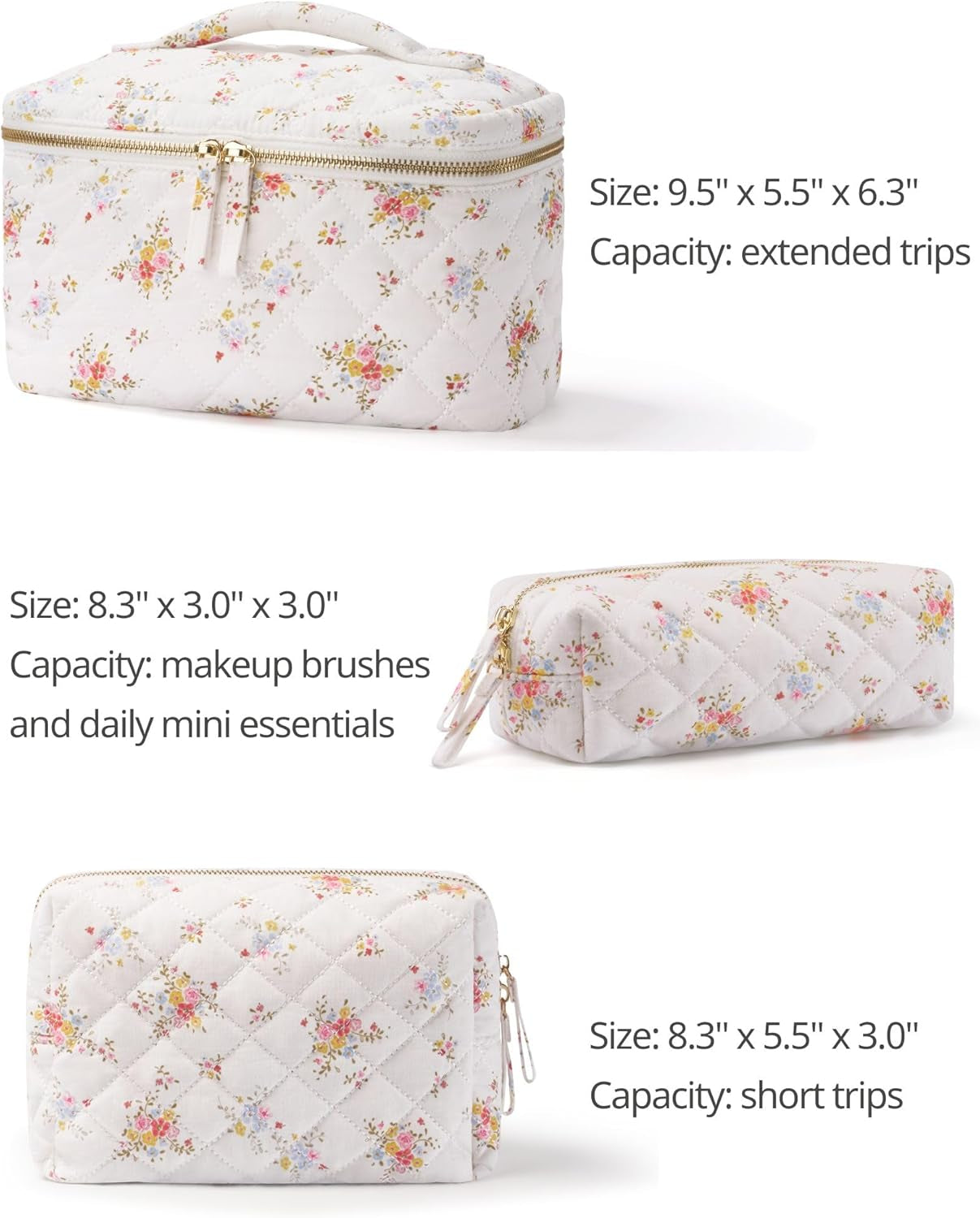 Popvibe Floral Quilted Makeup Bag Set of 3 Piece, Cute Travel Makeup Bags Coquette White Flower Cosmetic Pouch, Aesthetic Cotton Quilt Cloth Toiletry Traveling Bag for Women, Girls